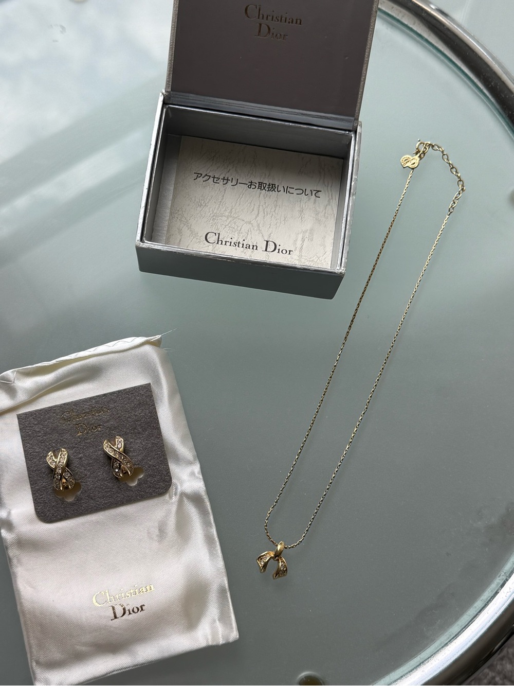 Dior Gold-tone Bow Pendant Necklace and Earrings Vintage AUTHENTIC